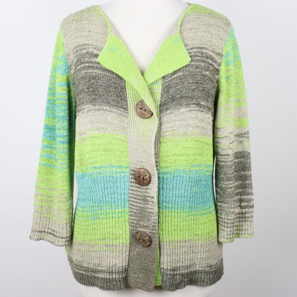 Tribal Sweaters - Tribal Womens Large Striped Acrylic Knit Button Cardigan Sweater